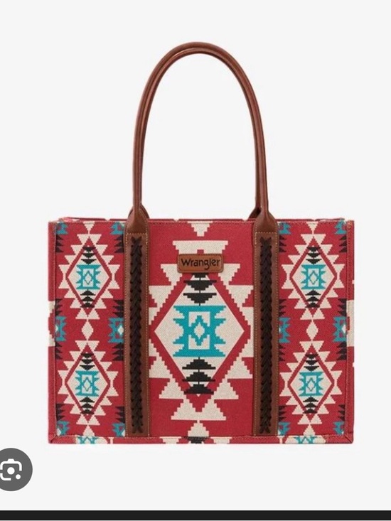 Wrangler Handbags - Wrangler Red Aztec Pattern Tote with Brown Leather Handles